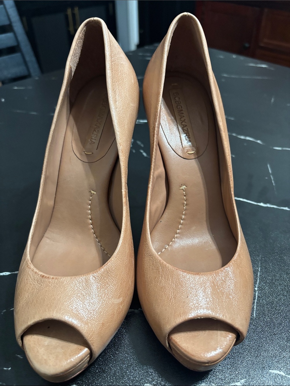 BCBGMaxAzria All leather made in Brazil Tan Peep-Toe Leather Pumps